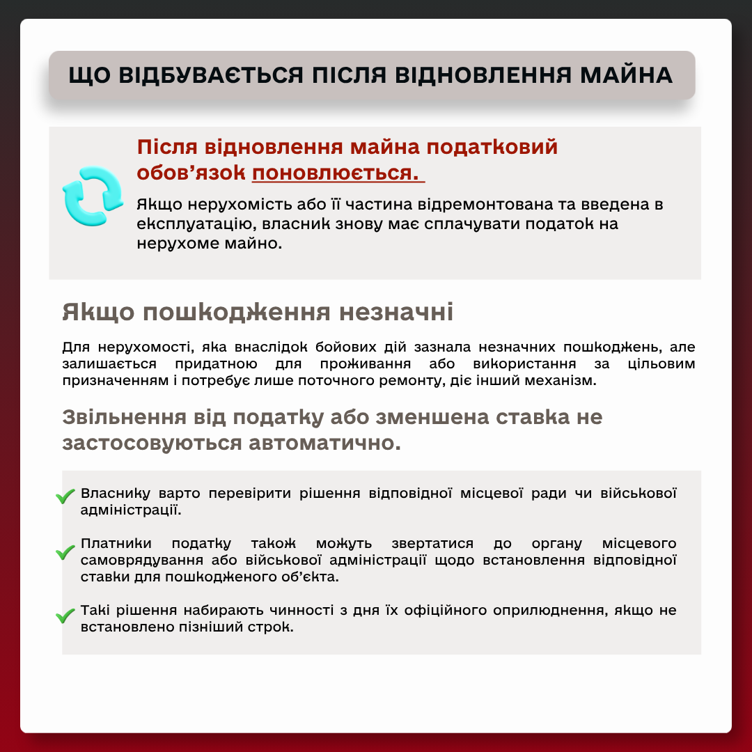 Інформація про подальші дії після відновлення майна