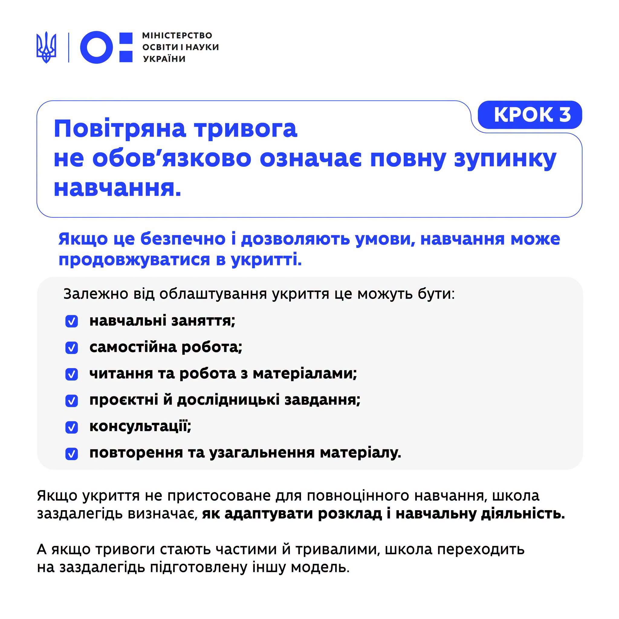 повітряна тривога не обов'язково означає повну зупинку навчання