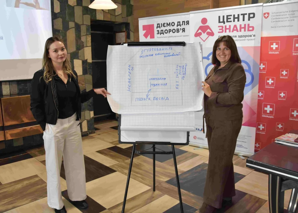 учасники тренінгу виконують завдання біля фліпчарту