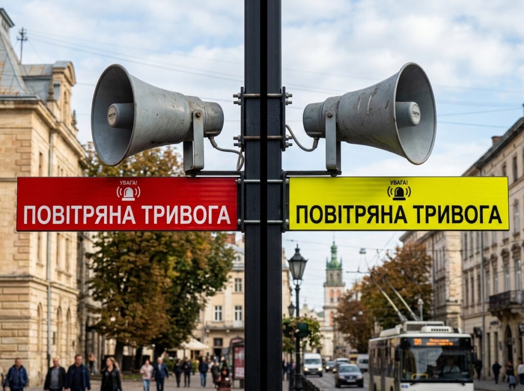 Гучномовці оповіщення про повітряну тривогу на вулиці міста