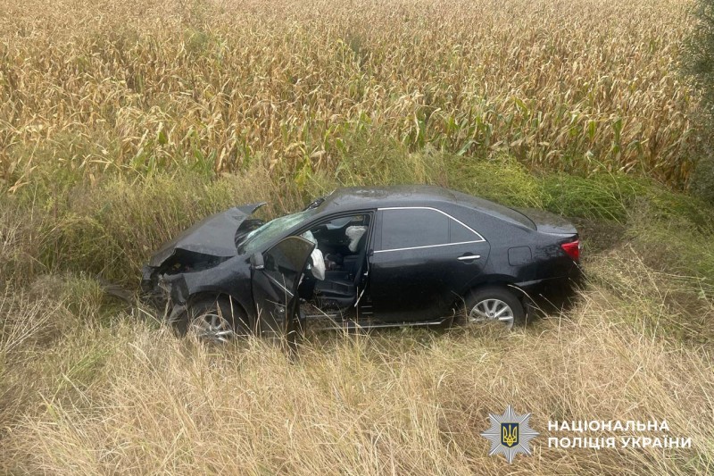 чорний автомобіль із розбитою передньою частиною стоїть у полі