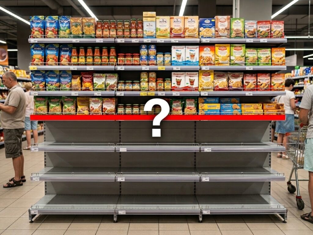 Магазинний стелаж із продуктами, заповнений на половину, на задньому плані ходять люди